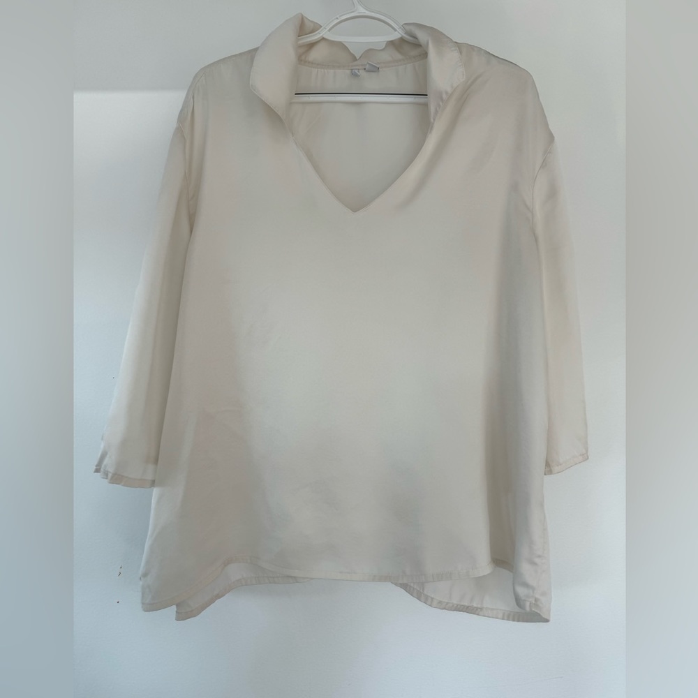 Nordstrom 100% silk off-white blouse top XL collared 3/4 sleeve